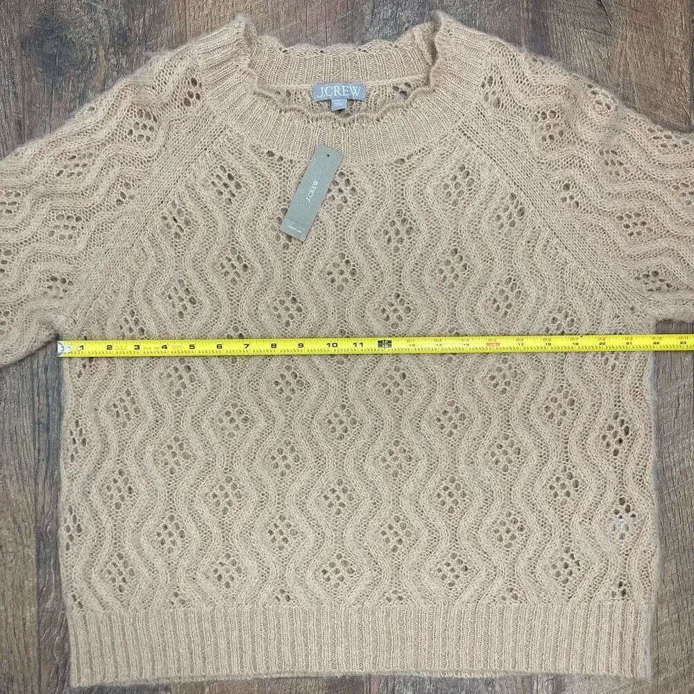 J Crew Women’s Pointelle Scallop Trim Sweater Beige Tan Crochet Eyelet Alpaca XL - Picture 5 of 8